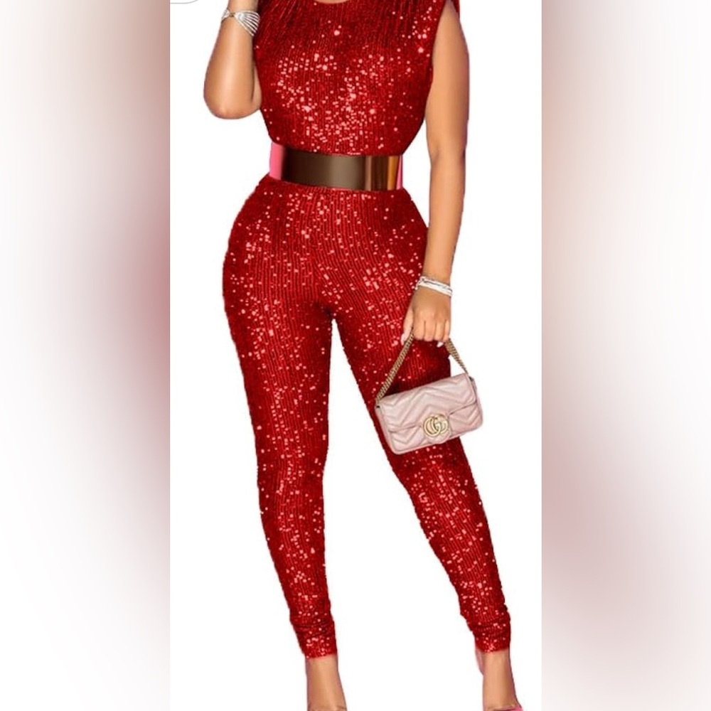 Red Sequin Skinny Pants with High-Waist Design